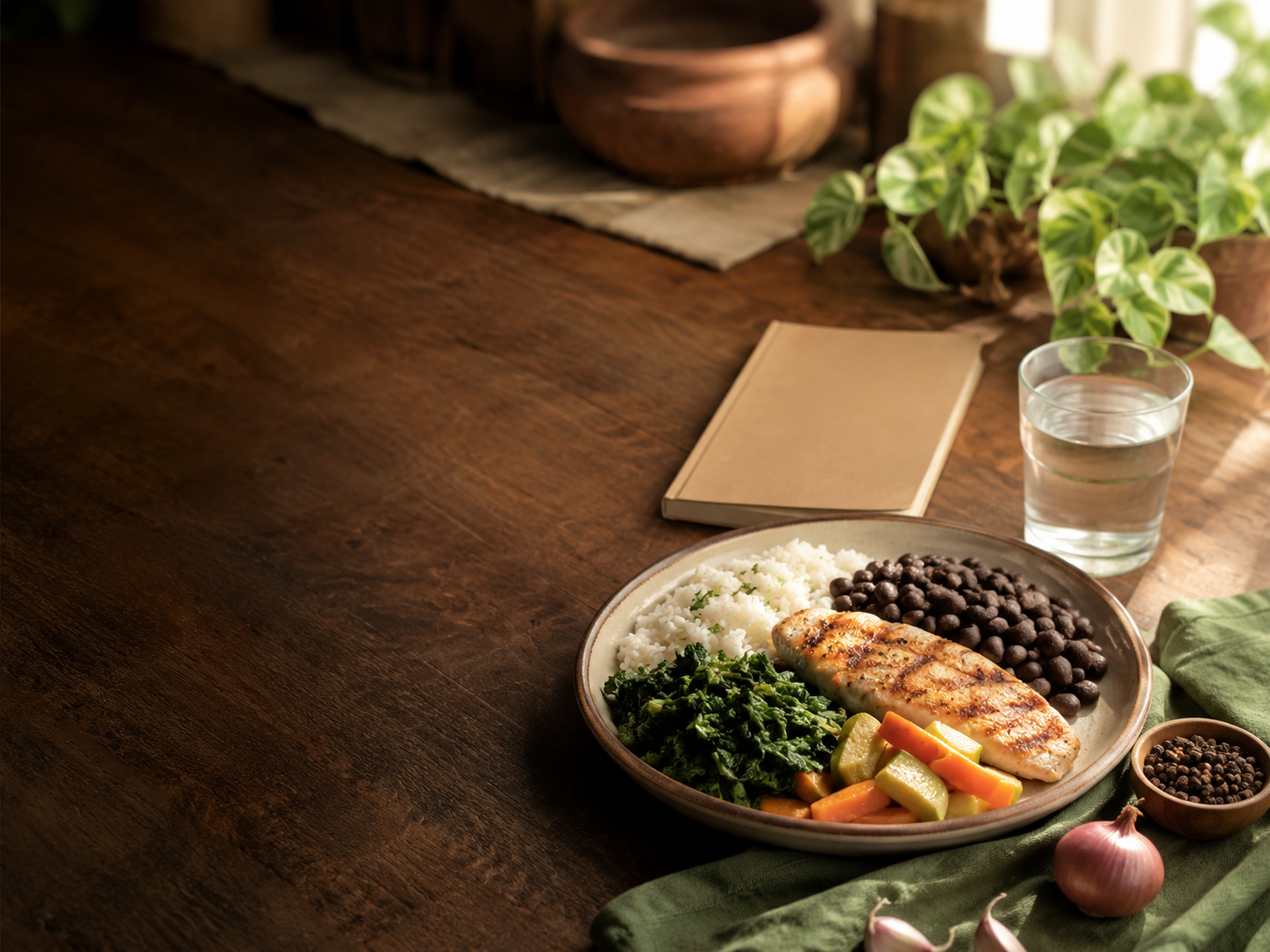 Refeição caseira equilibrada com arroz, feijão, frango, verduras, legumes e água